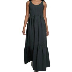 Cotton Blend J.Jill sleeveless tiered maxi dress Black and Grey Pinstripes. NWT